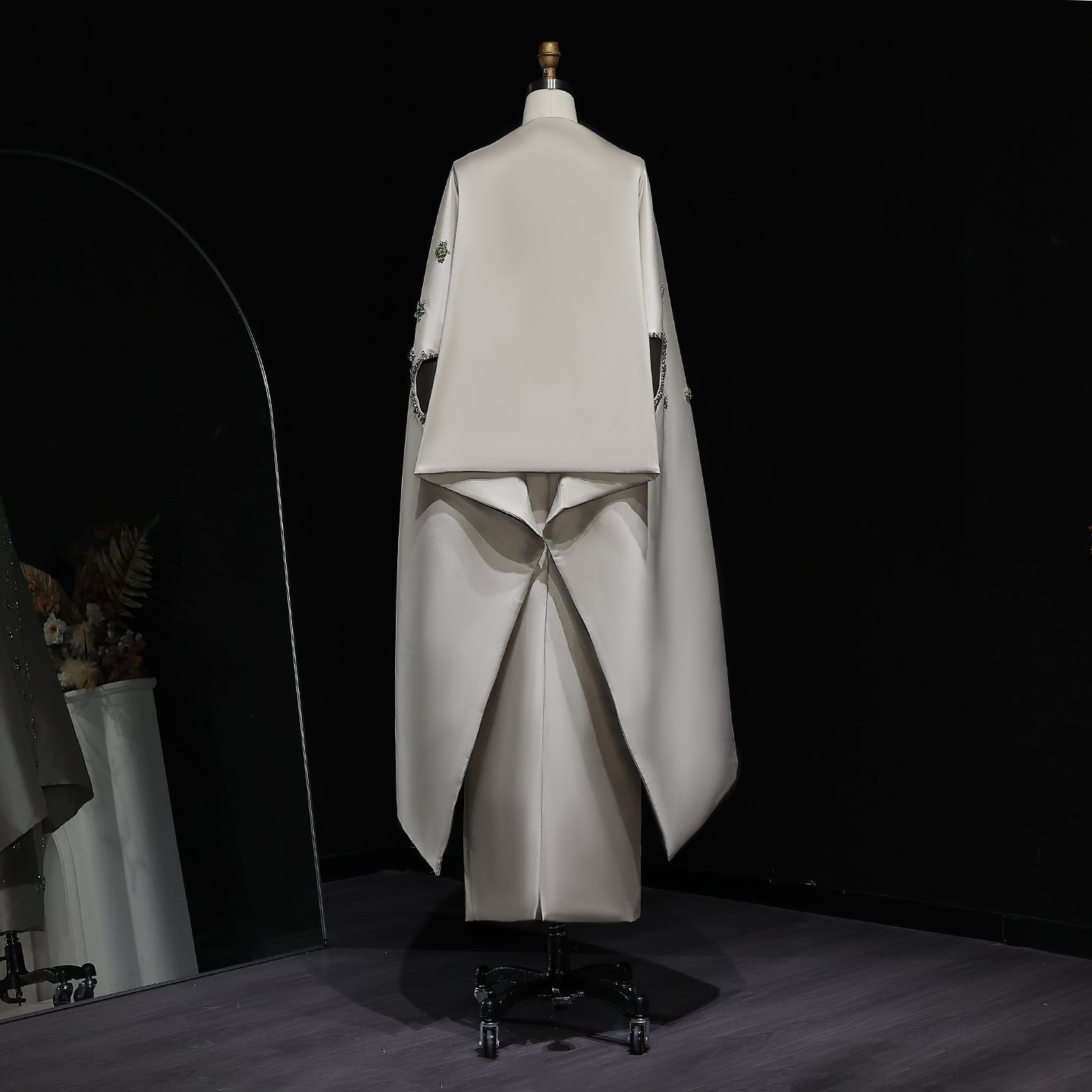 Luxury Beaded Sage Green Evening Dress with Cape SS536