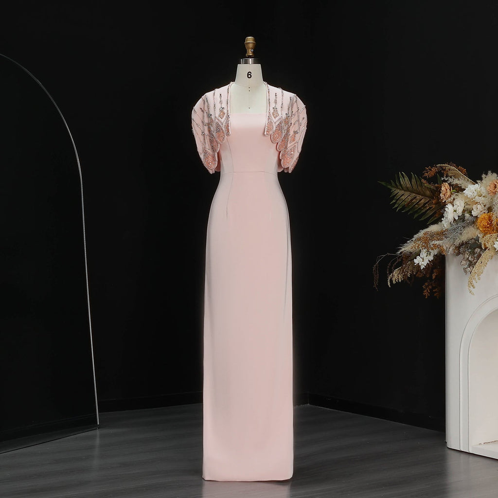 Luxury Pink Strapless Evening Dress with Beaded Capelet SS302