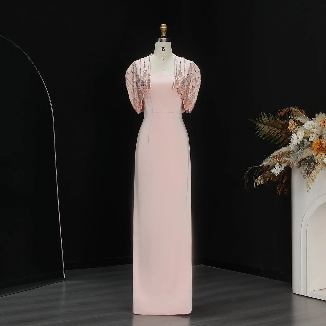 Glamorous Pink Strapless Evening Dress with Beaded Capelet SS302