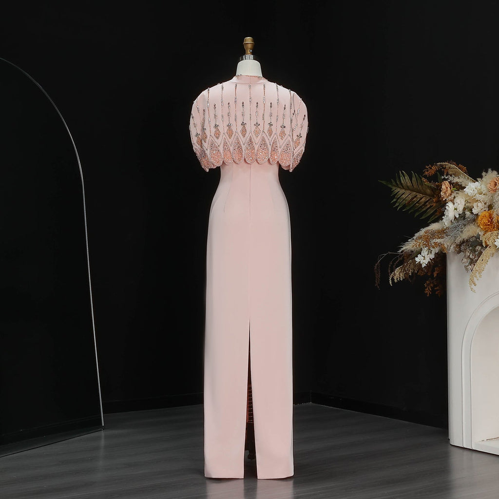 Luxury Pink Strapless Evening Dress with Beaded Capelet SS302