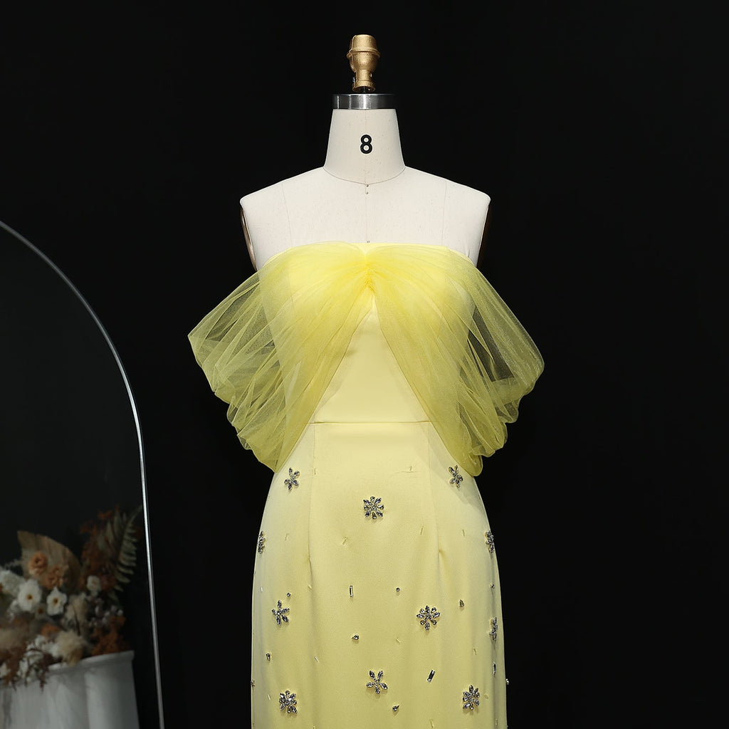 Luxury Yellow Beaded Crystal Evening Dress with Sheer Shawl XD018