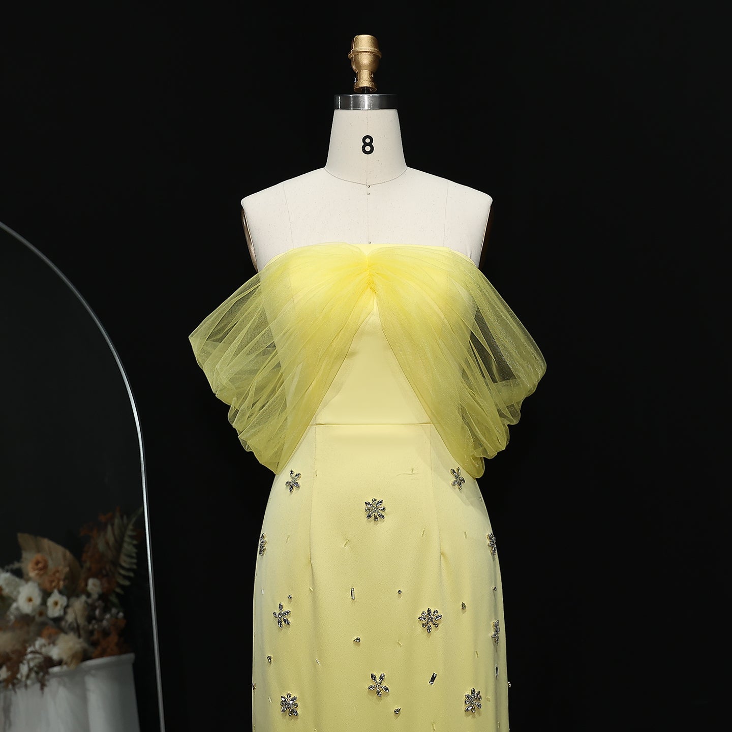Luxury Yellow Beaded Crystal Evening Dress with Sheer Shawl XD018