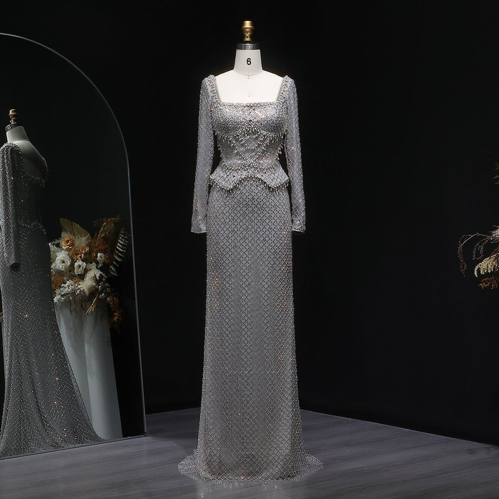 Luxury Gray Crystal Evening Dress with Long Sleeves SS633
