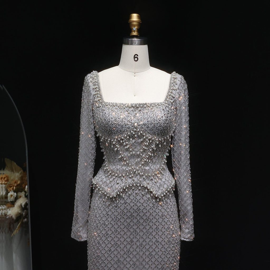 Luxury Gray Crystal Evening Dress with Long Sleeves SS633