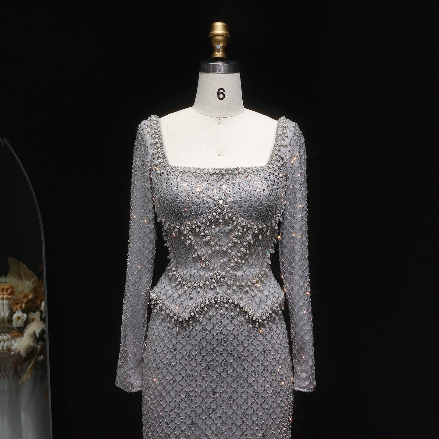 Luxury Gray Crystal Evening Dress with Long Sleeves SS633