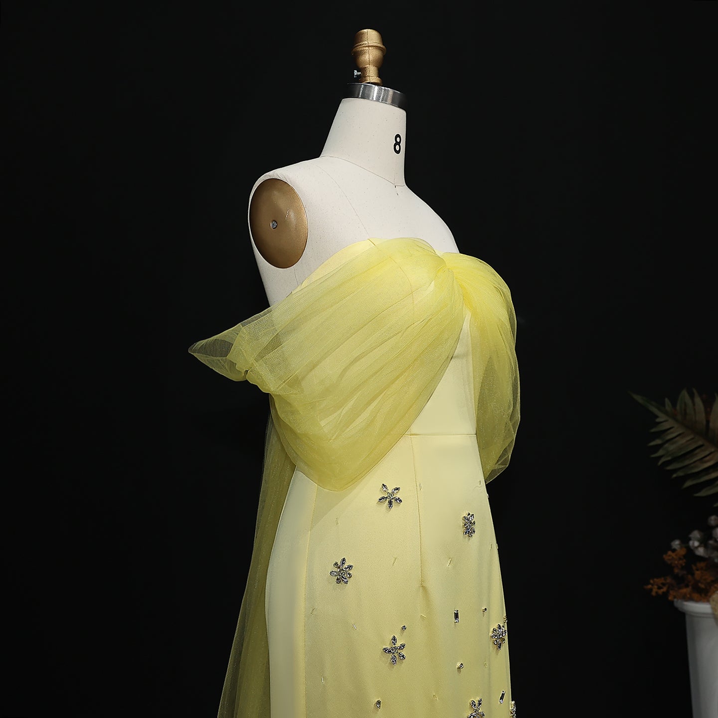 Luxury Yellow Beaded Crystal Evening Dress with Sheer Shawl XD018