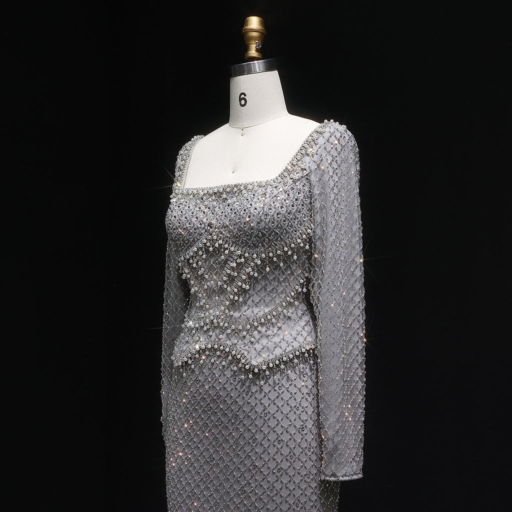 Luxury Gray Crystal Evening Dress with Long Sleeves SS633