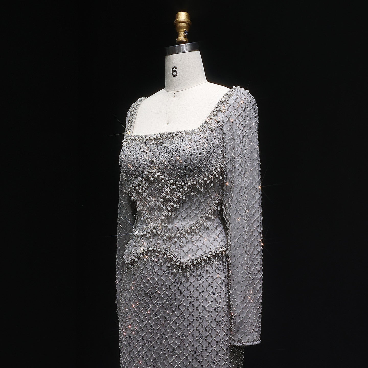 Luxury Gray Crystal Evening Dress with Long Sleeves SS633