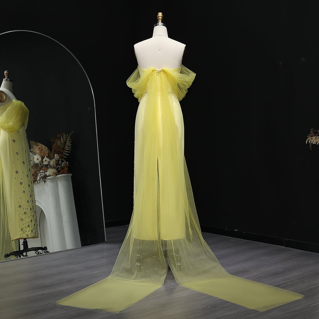 Luxury Yellow Beaded Crystal Evening Dress with Sheer Shawl XD018