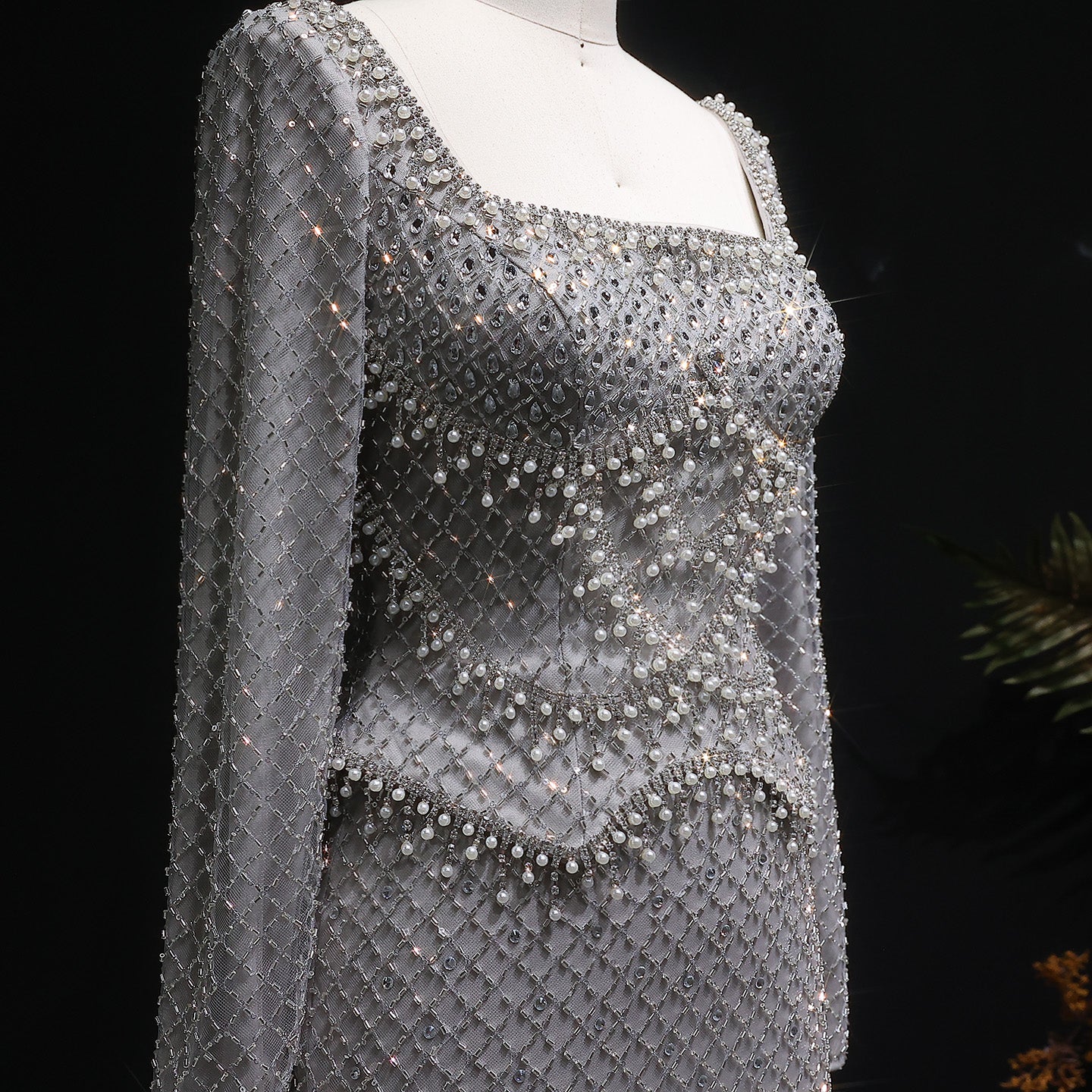 Luxury Gray Crystal Evening Dress with Long Sleeves SS633
