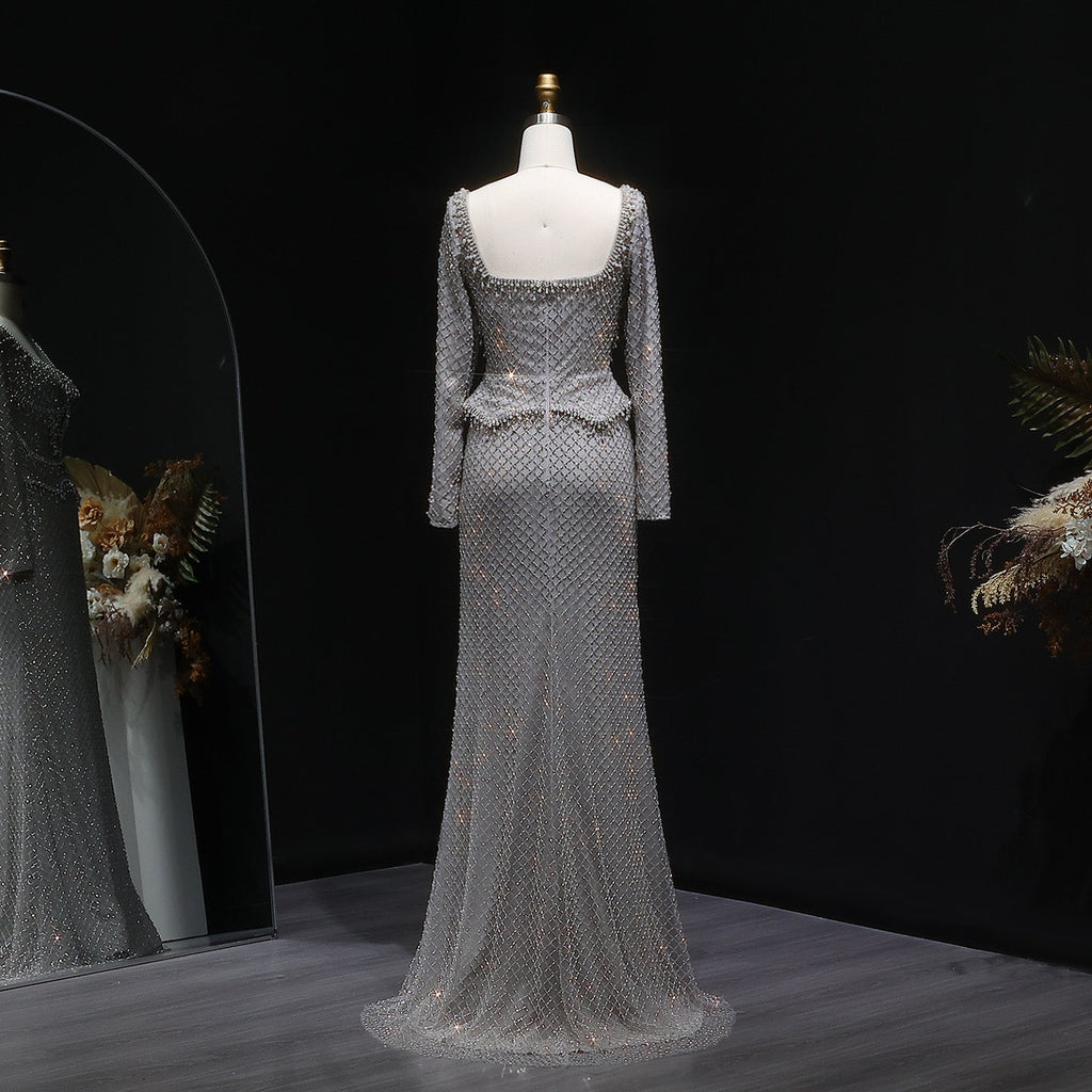 Luxury Gray Crystal Evening Dress with Long Sleeves SS633