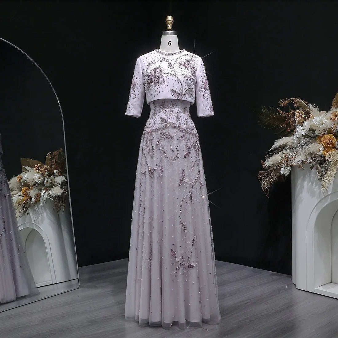 Luxury Blush Pink Crystal Short Sleeve 2 Pieces Evening Dress SS518