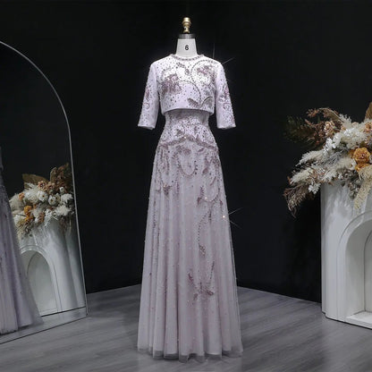Luxury Blush Pink Crystal Short Sleeve 2 Pieces Evening Dress SS518