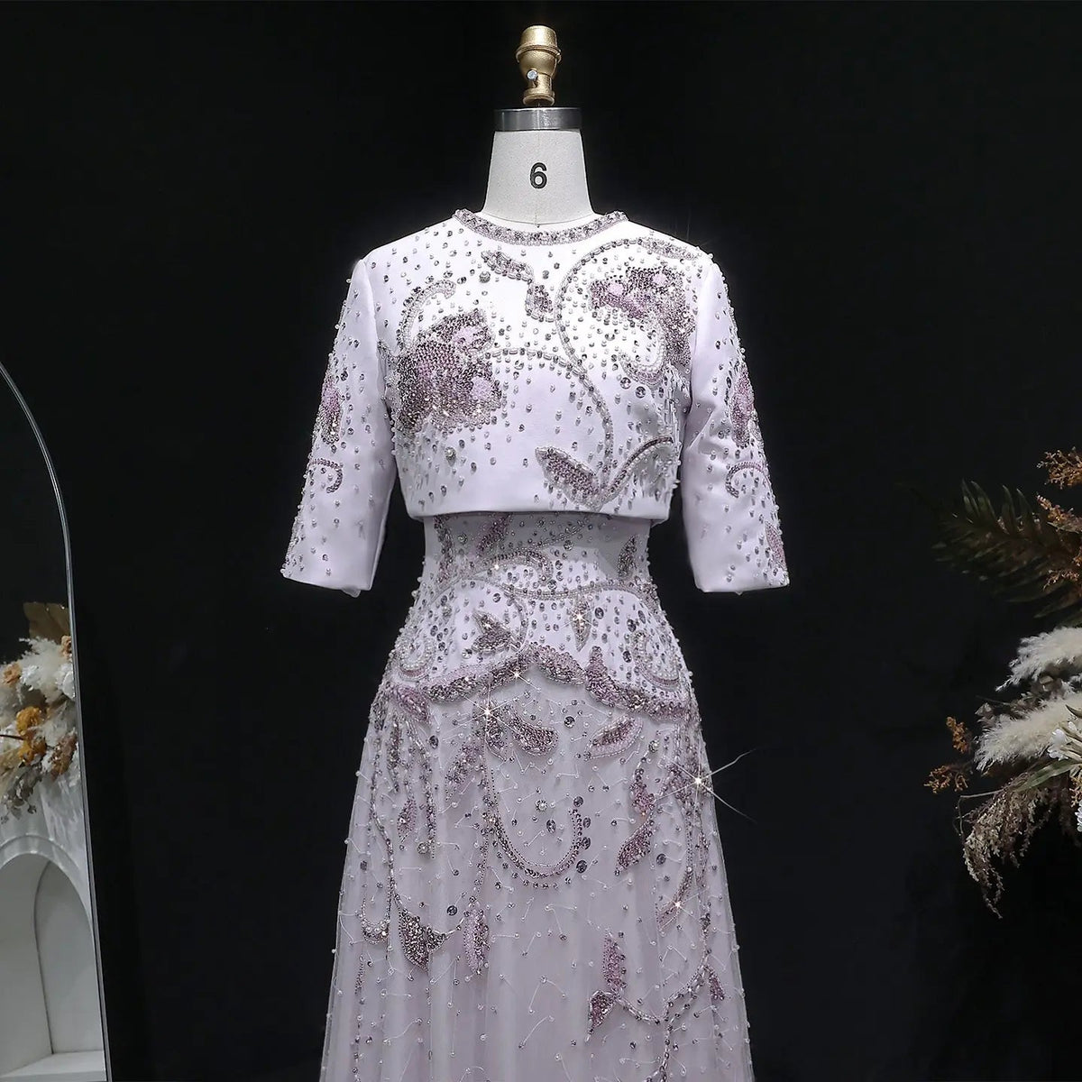 Luxury Blush Pink Crystal Short Sleeve 2 Pieces Evening Dress SS518