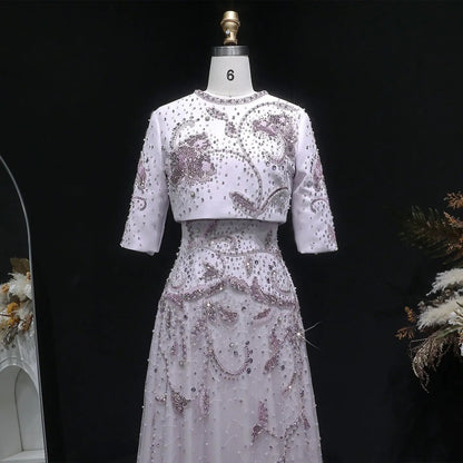 Luxury Blush Pink Crystal Short Sleeve 2 Pieces Evening Dress SS518