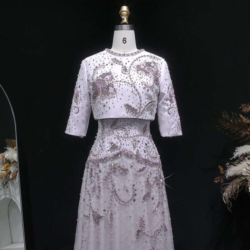 Elegant Blush Pink Crystal Short Sleeve 2-Piece Evening Dress SS518