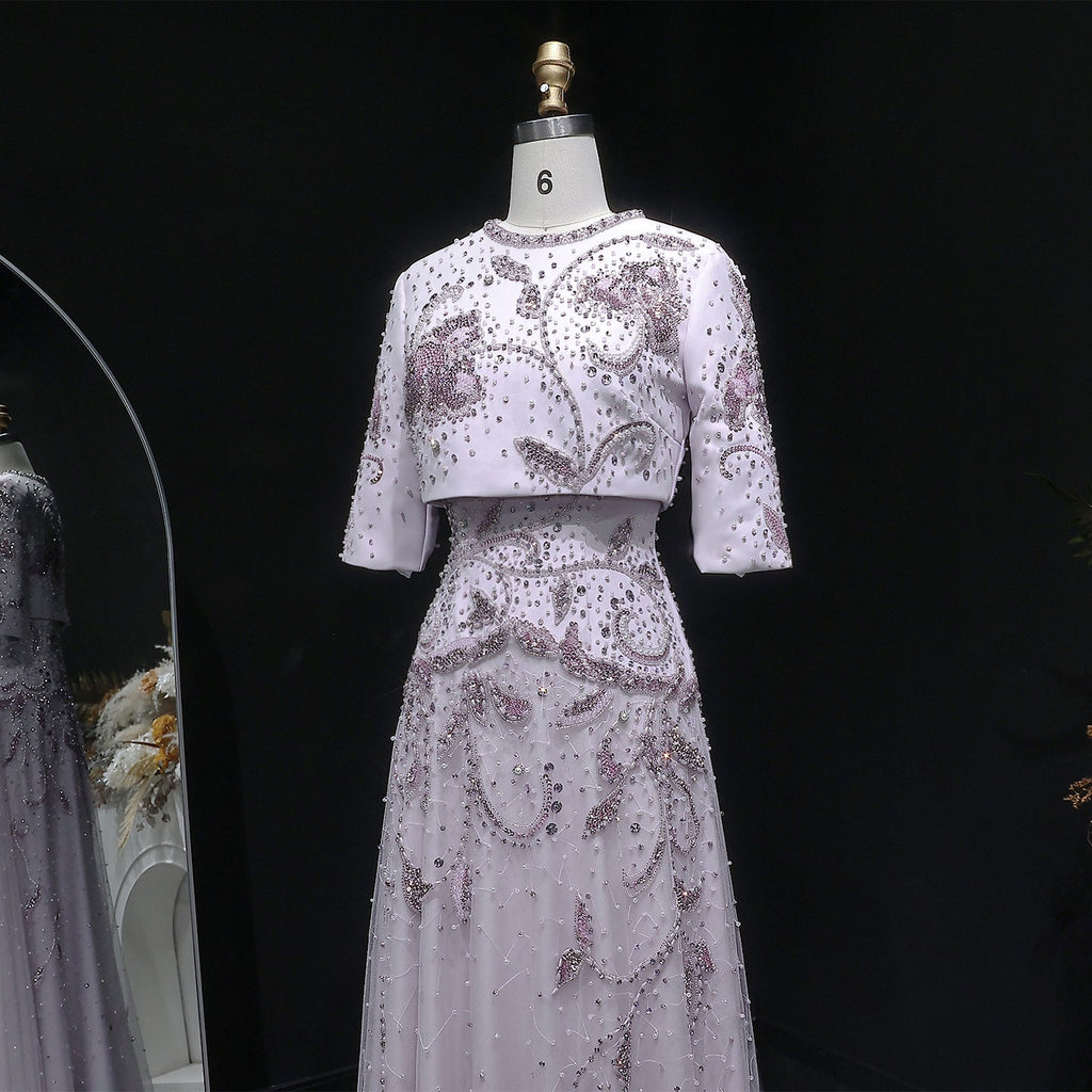 Elegant Blush Pink Crystal Short Sleeve 2-Piece Evening Dress SS518