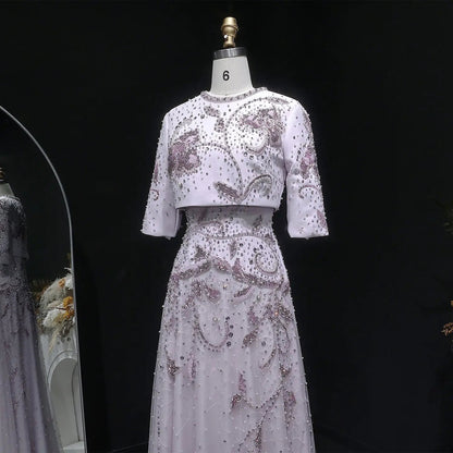 Luxury Blush Pink Crystal Short Sleeve 2 Pieces Evening Dress SS518