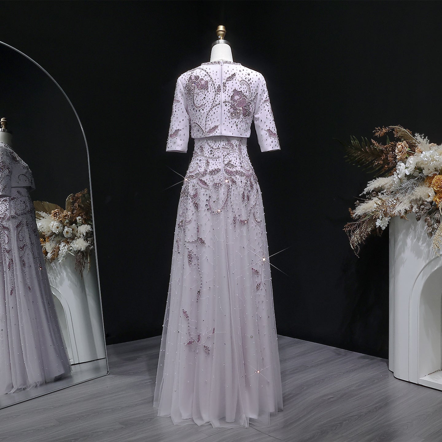 Elegant Blush Pink Crystal Short Sleeve 2-Piece Evening Dress SS518