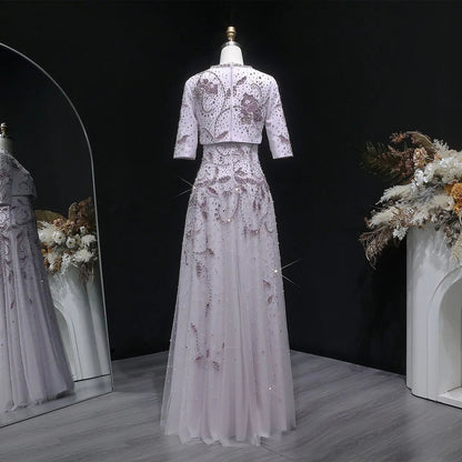 Luxury Blush Pink Crystal Short Sleeve 2 Pieces Evening Dress SS518