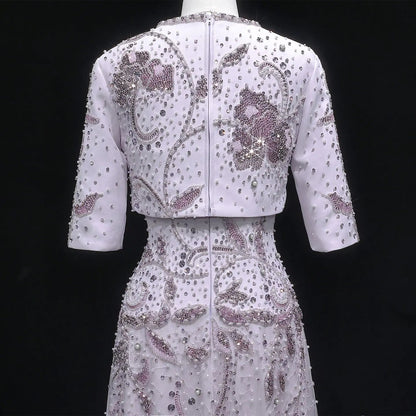Luxury Blush Pink Crystal Short Sleeve 2 Pieces Evening Dress SS518