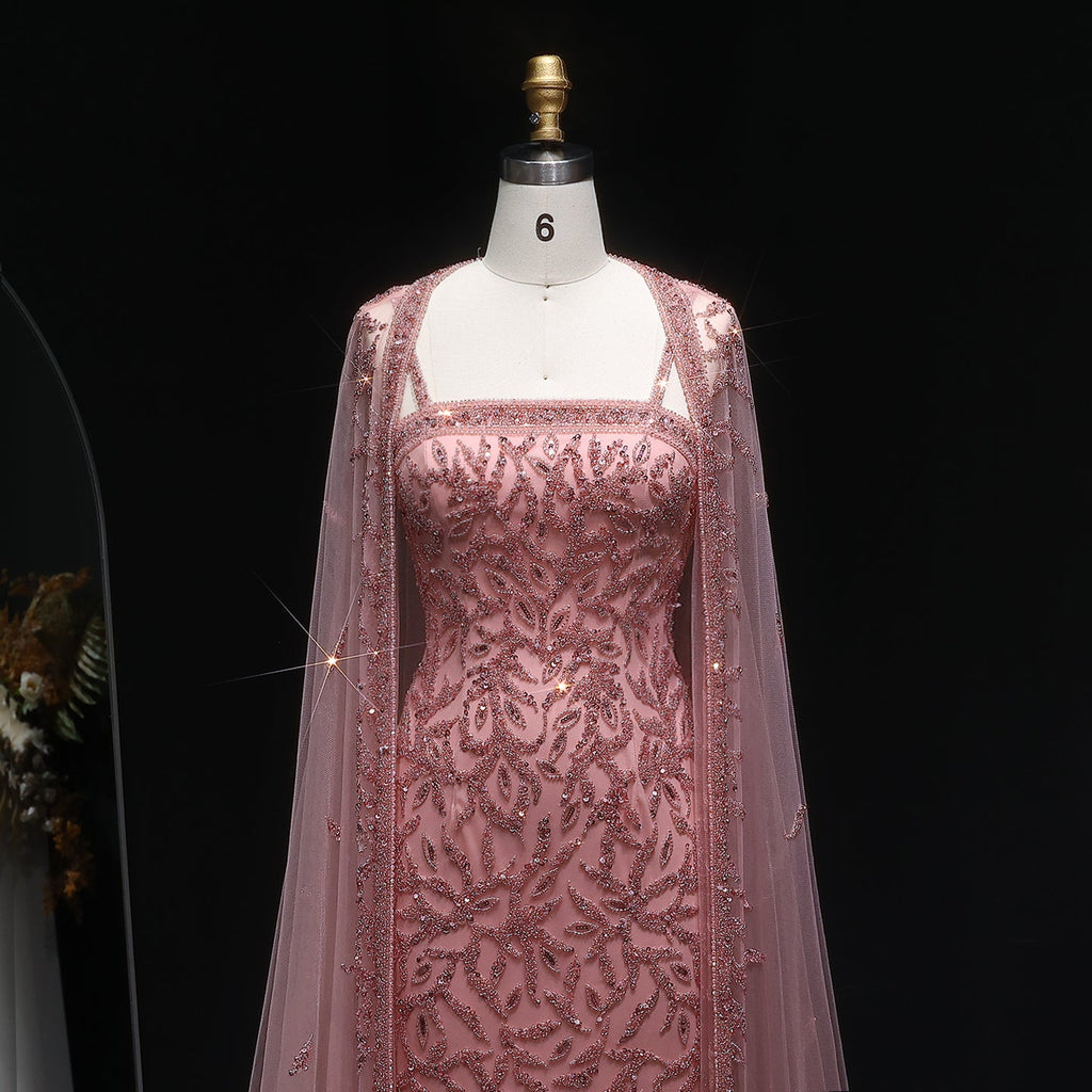 Luxury Crystal Pink Evening Dress with Cape SS393