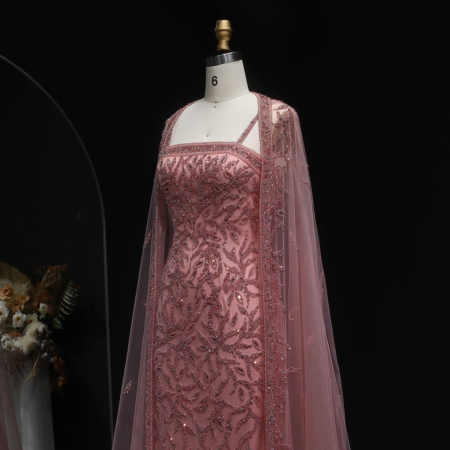 Luxury Crystal Pink Evening Dress with Cape SS393