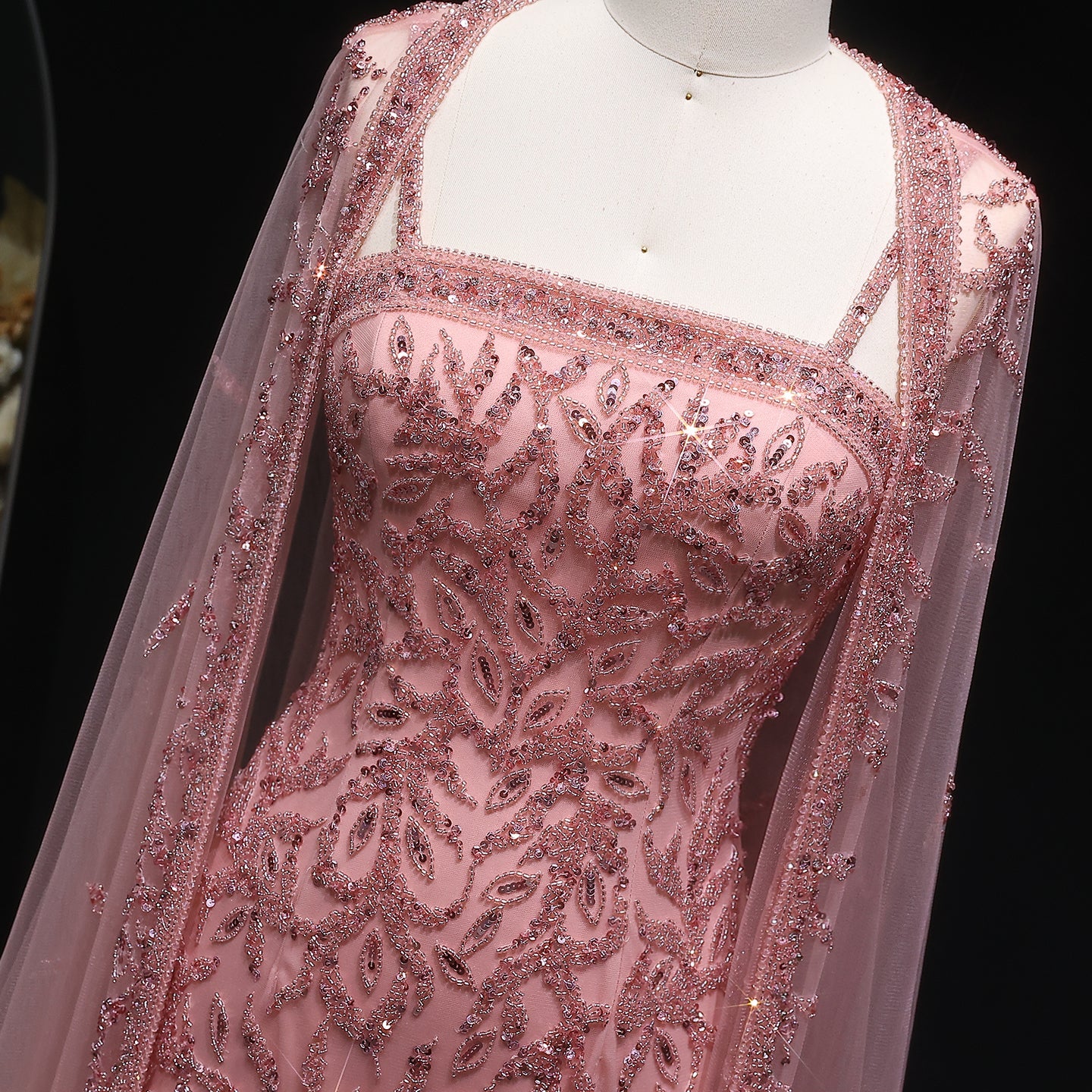 Luxury Crystal Pink Evening Dress with Cape SS393