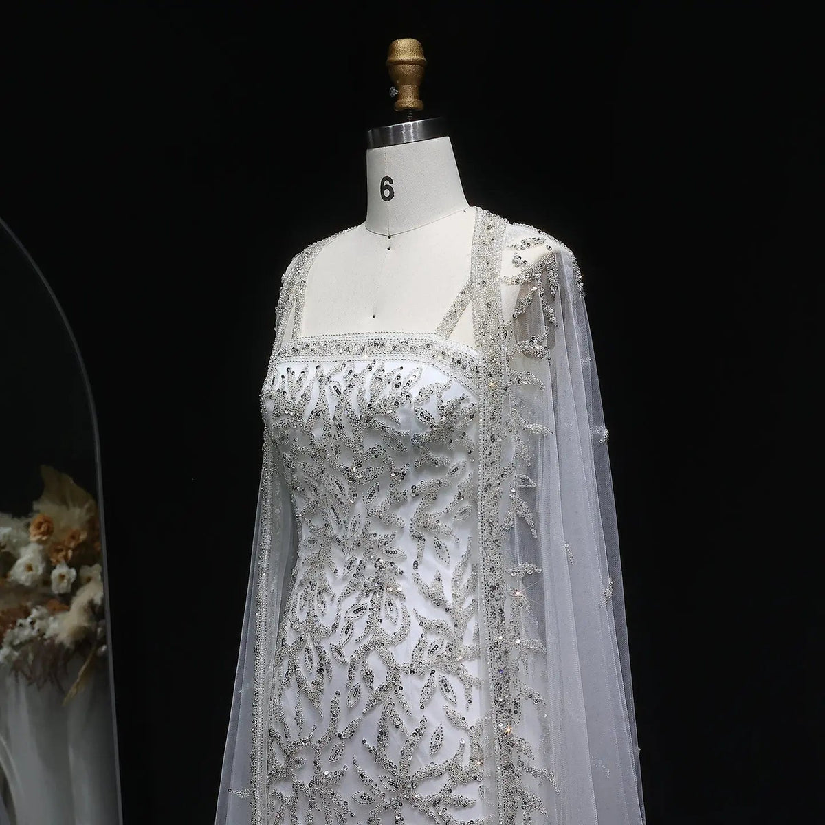 Elegant Champagne Beaded Evening Gown with Sheer Cape SS393