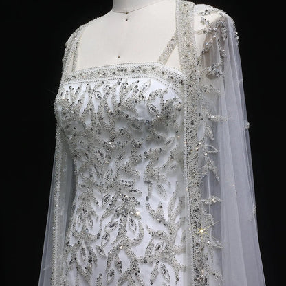 Elegant Champagne Beaded Evening Gown with Sheer Cape SS393