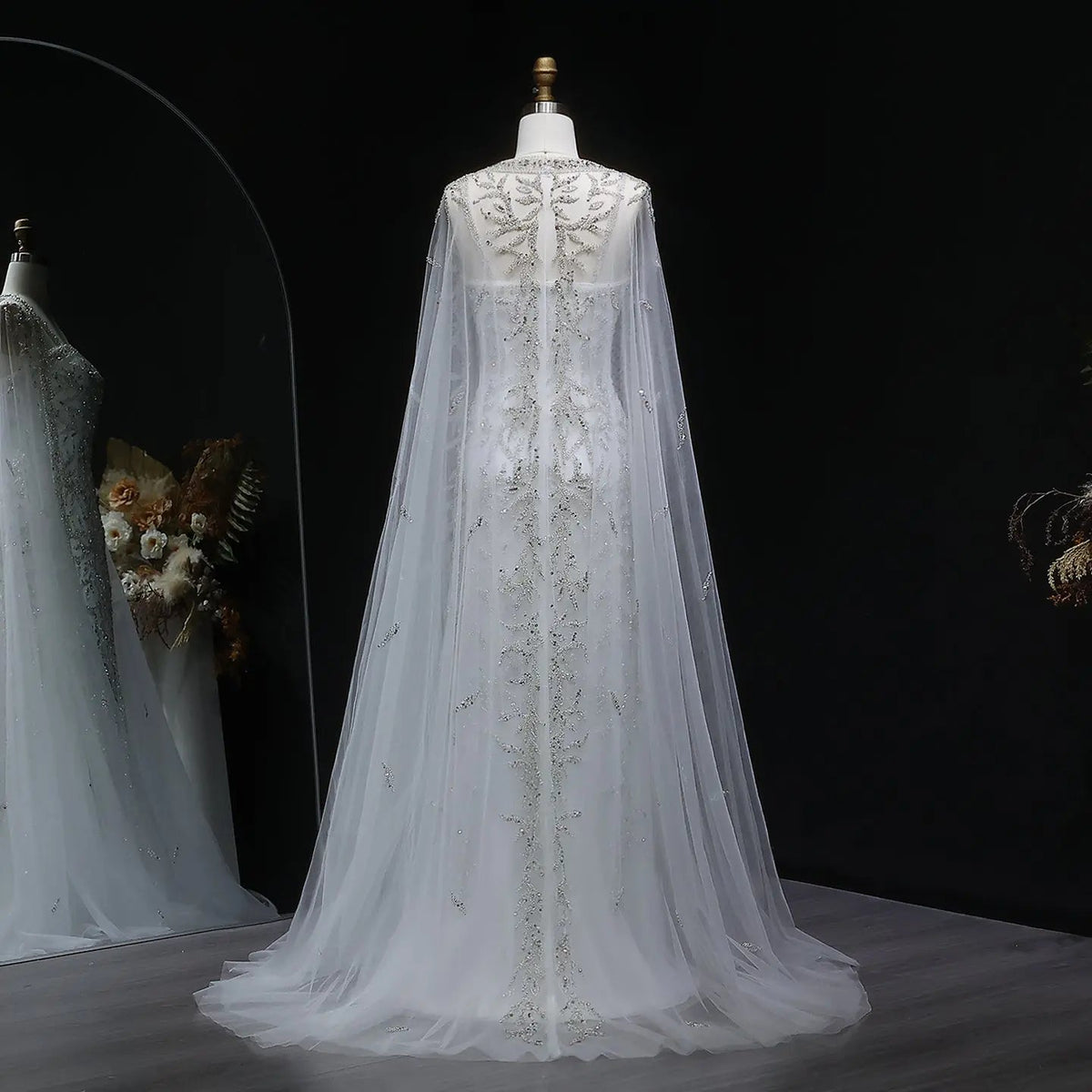 Elegant Champagne Beaded Evening Gown with Sheer Cape SS393