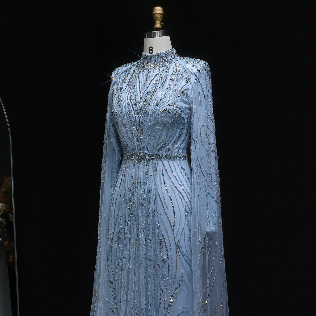 Luxury Champagne Long Sleeve High Neck Evening Dress with Cape SS366