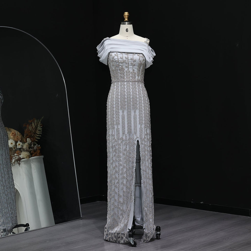 Elegant Off Shoulder Silver Evening Dress with Slit SS713