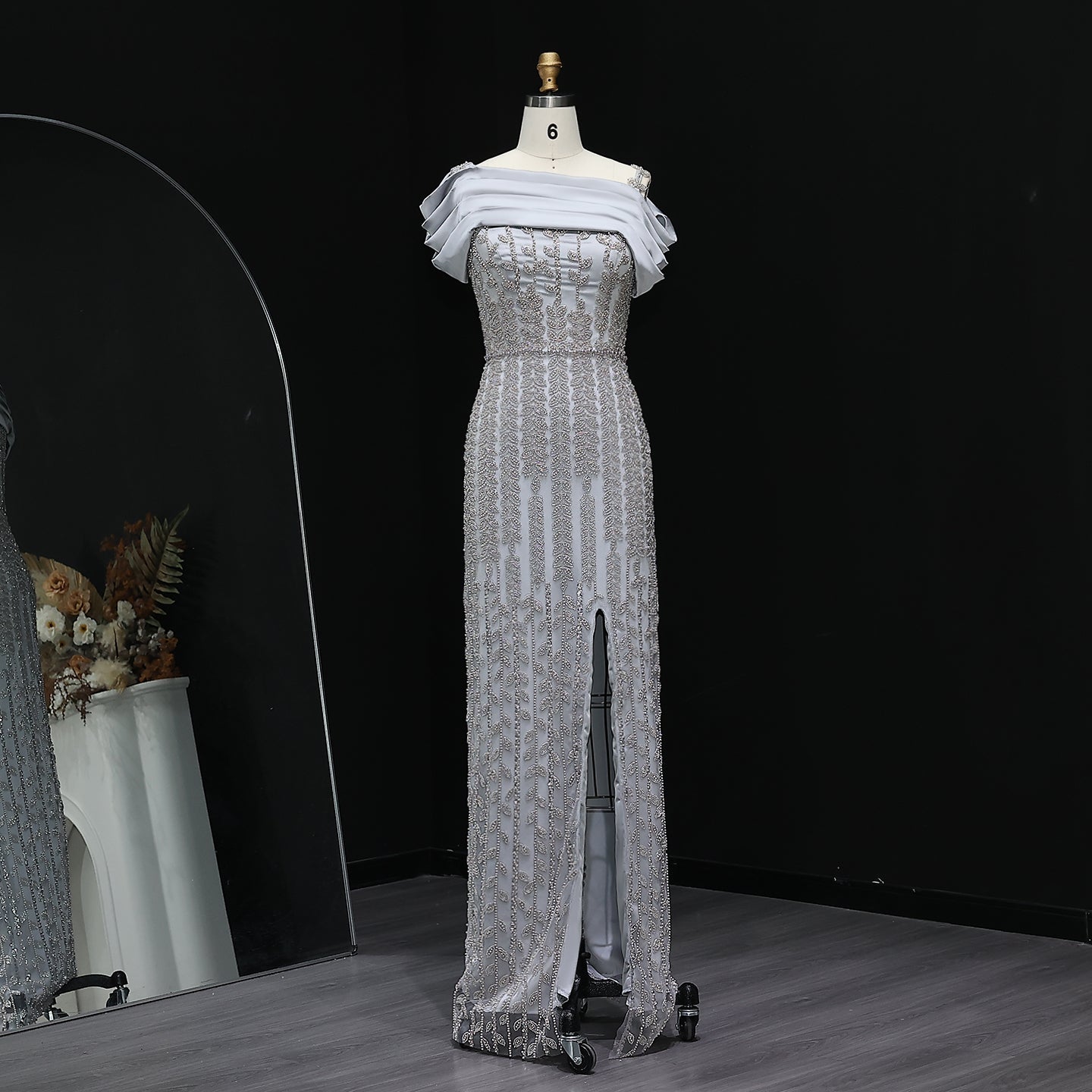 Elegant Off Shoulder Silver Evening Dress with Slit SS713