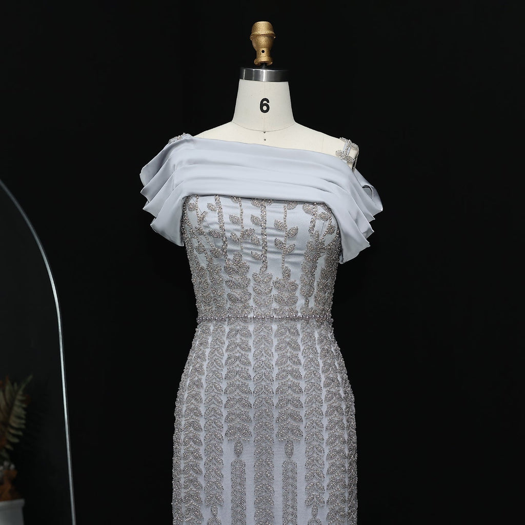 Elegant Off Shoulder Silver Evening Dress with Slit SS713