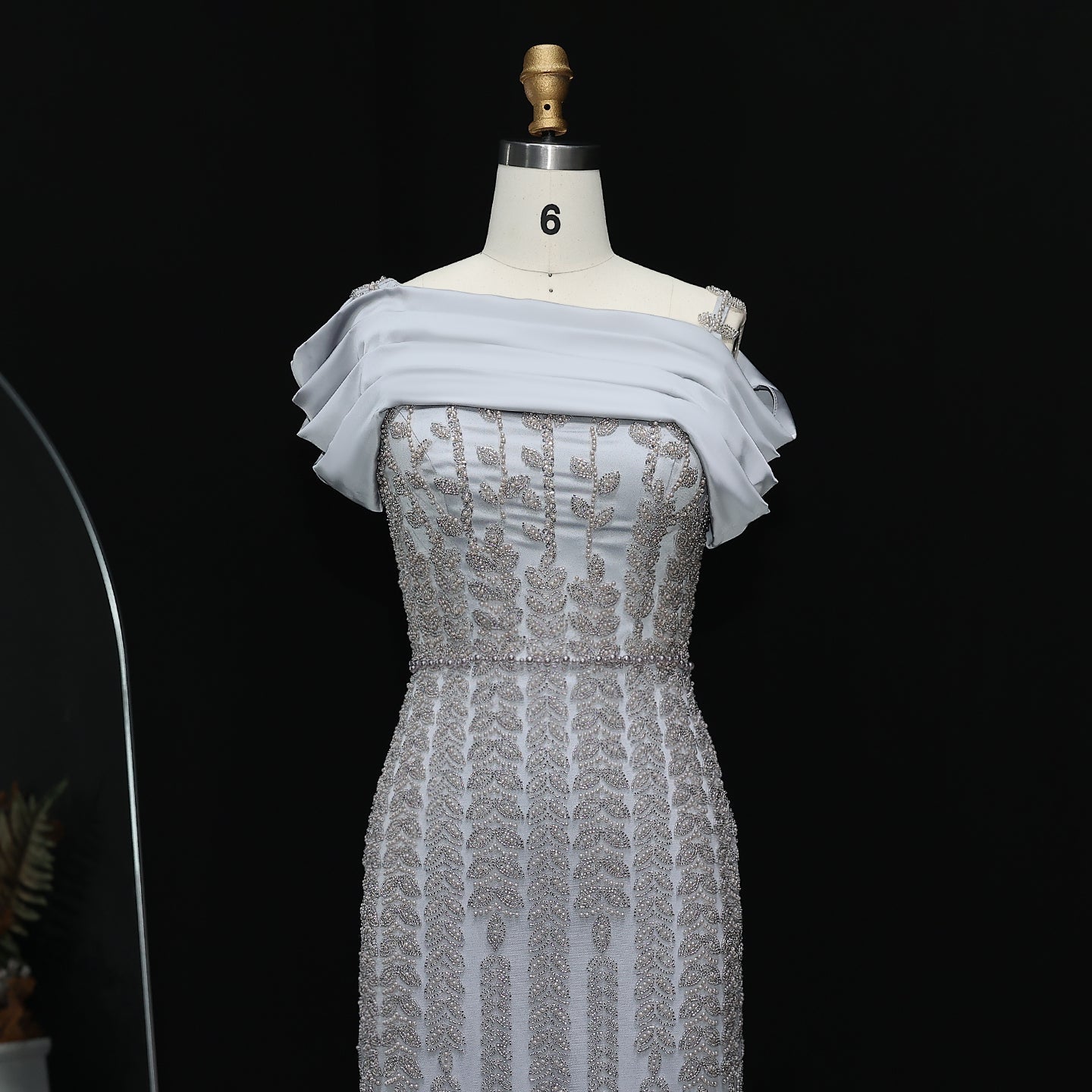 Elegant Off Shoulder Silver Evening Dress with Slit SS713