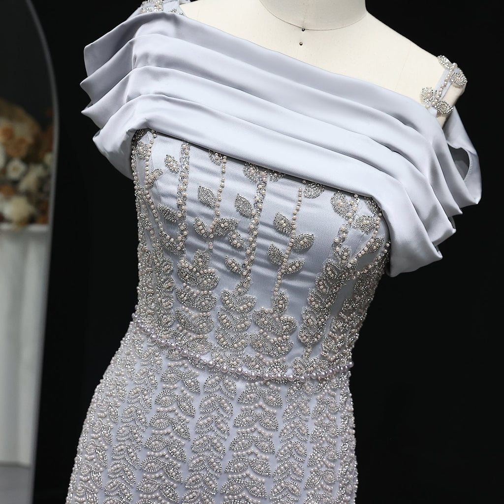 Elegant Off Shoulder Silver Evening Dress with Slit SS713