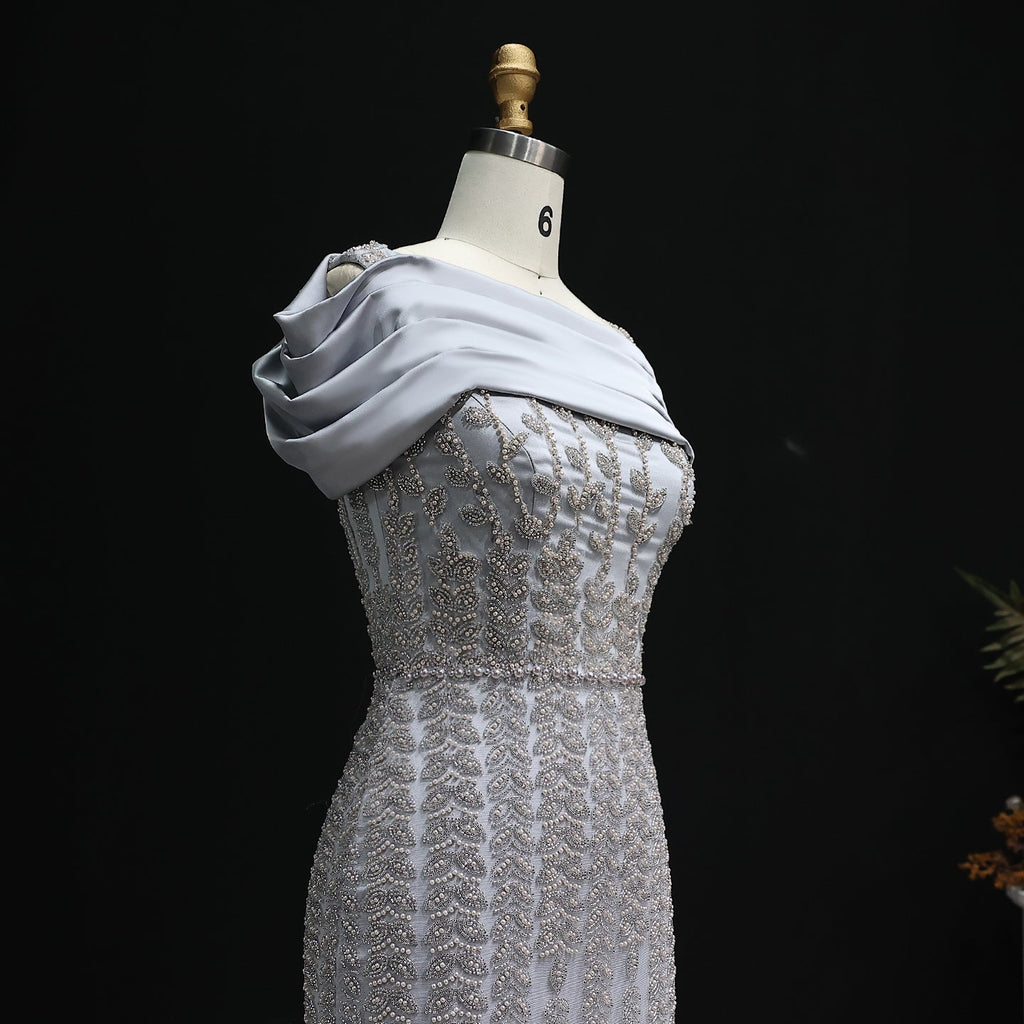 Elegant Off Shoulder Silver Evening Dress with Slit SS713