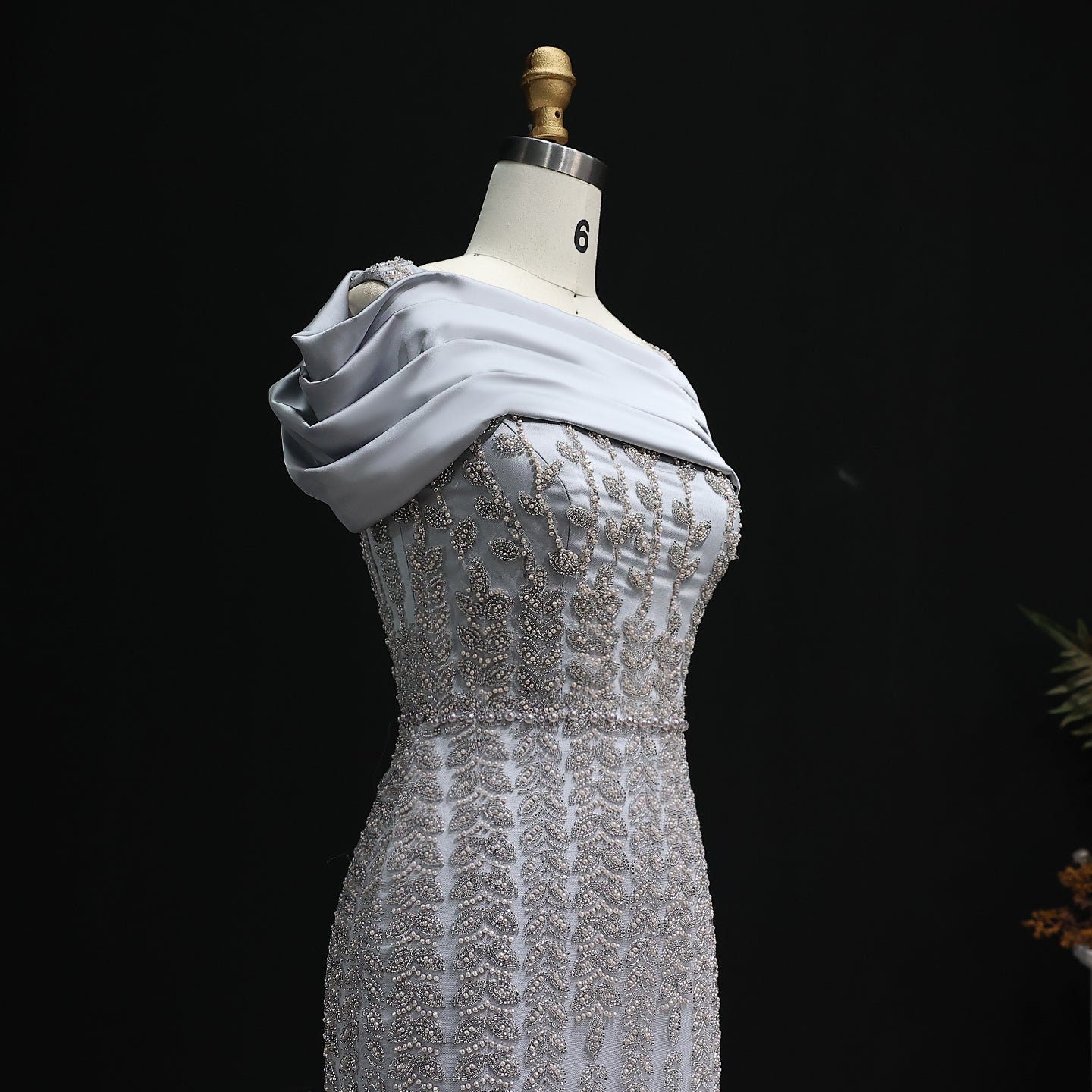 Elegant Off Shoulder Silver Evening Dress with Slit SS713