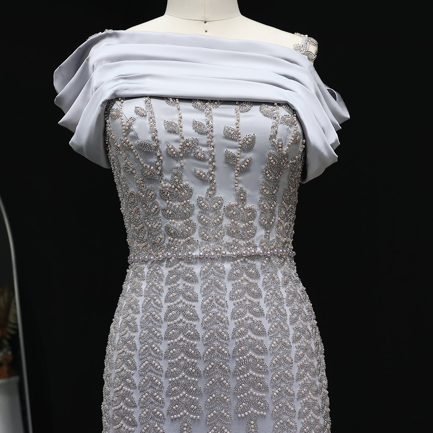 Elegant Off Shoulder Silver Evening Dress with Slit SS713