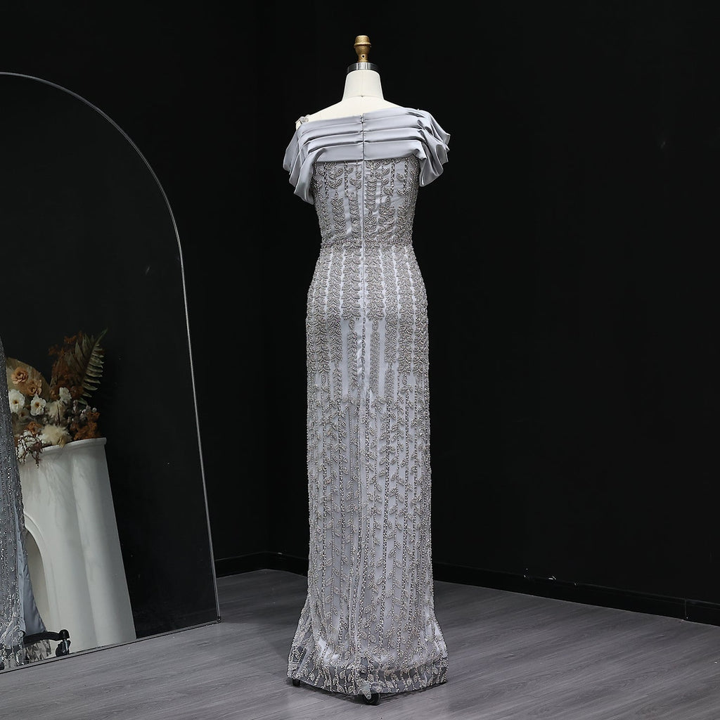 Elegant Off Shoulder Silver Evening Dress with Slit SS713