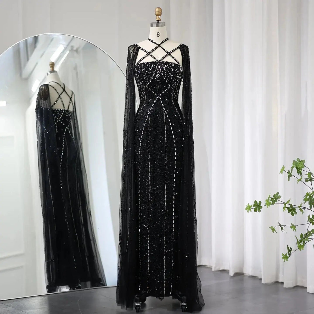 Luxury Aqua Crisscross Evening Dress with Cape Sleeves SS391