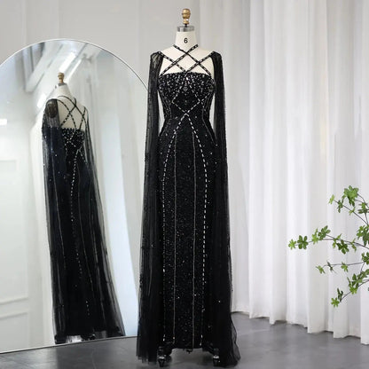 Luxury Aqua Crisscross Evening Dress with Cape Sleeves SS391