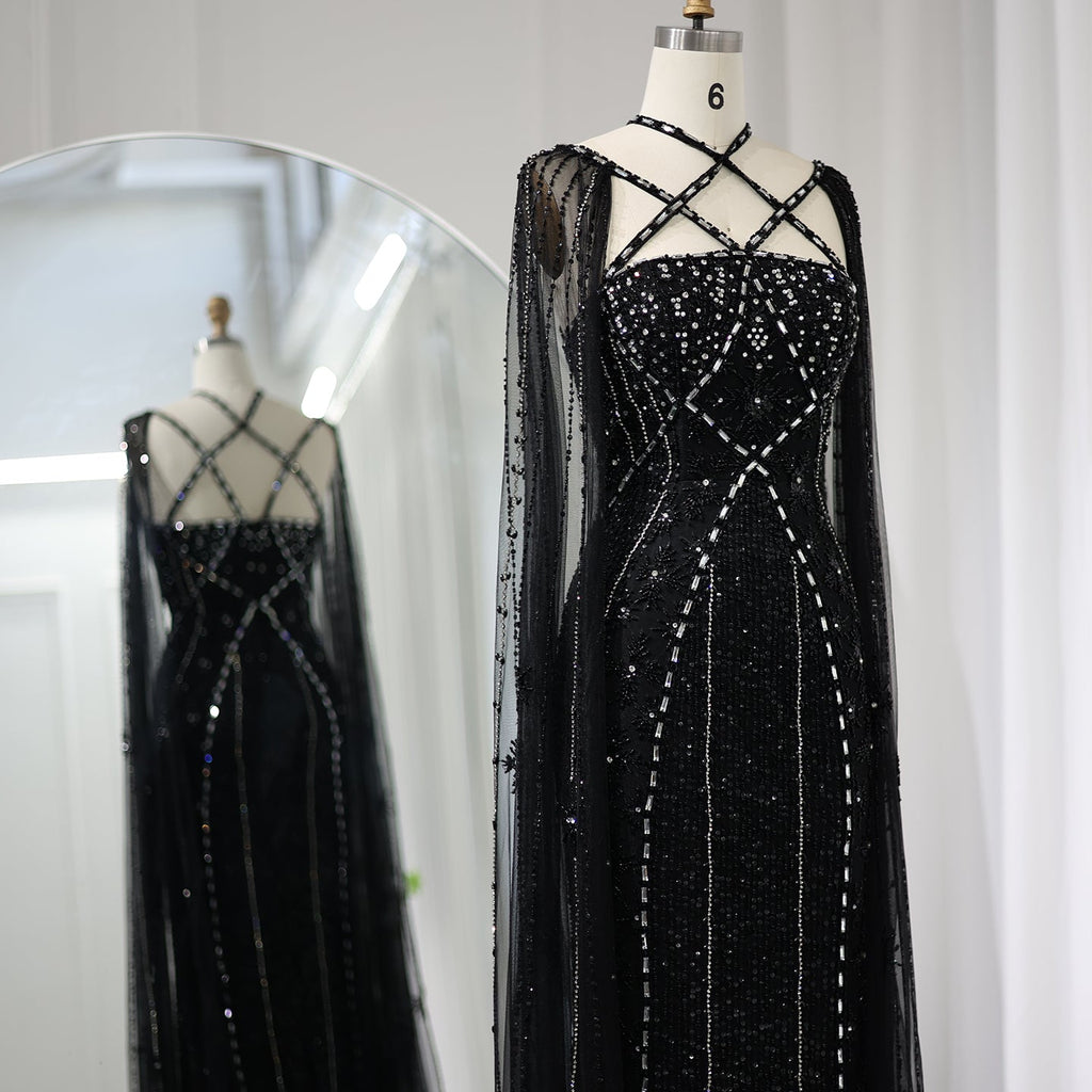 Luxury Champagne Mermaid Evening Dress with Cape Sleeves SS391