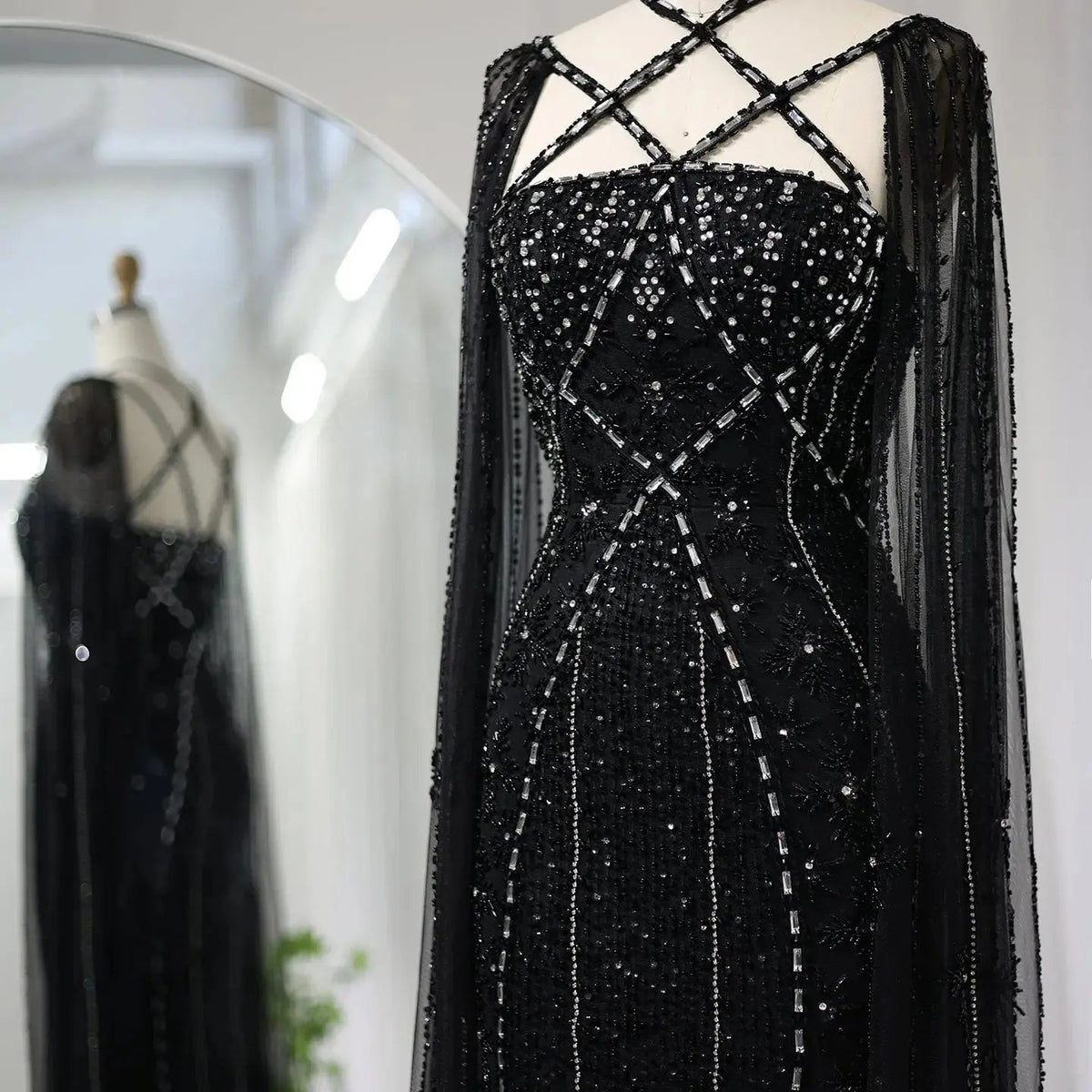 Luxury Aqua Crisscross Evening Dress with Cape Sleeves SS391