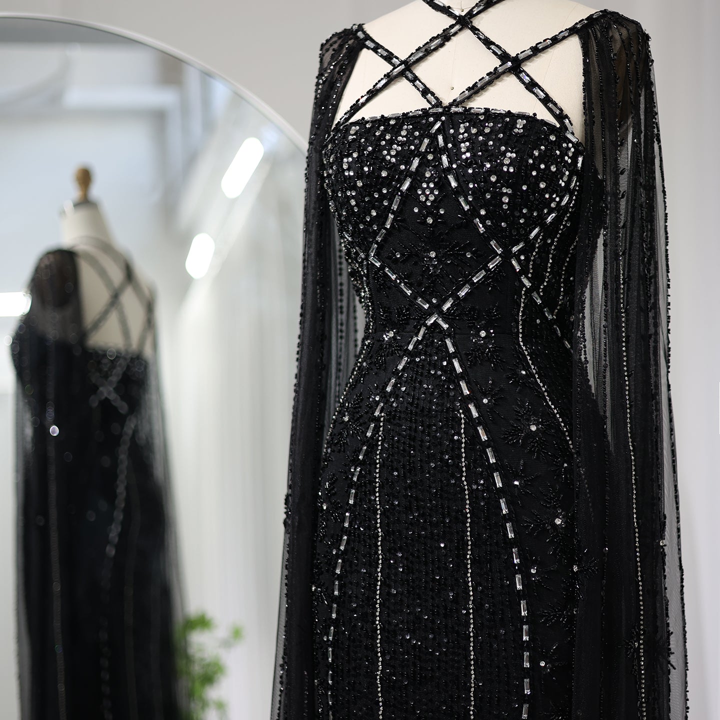 Luxury Champagne Mermaid Evening Dress with Cape Sleeves SS391