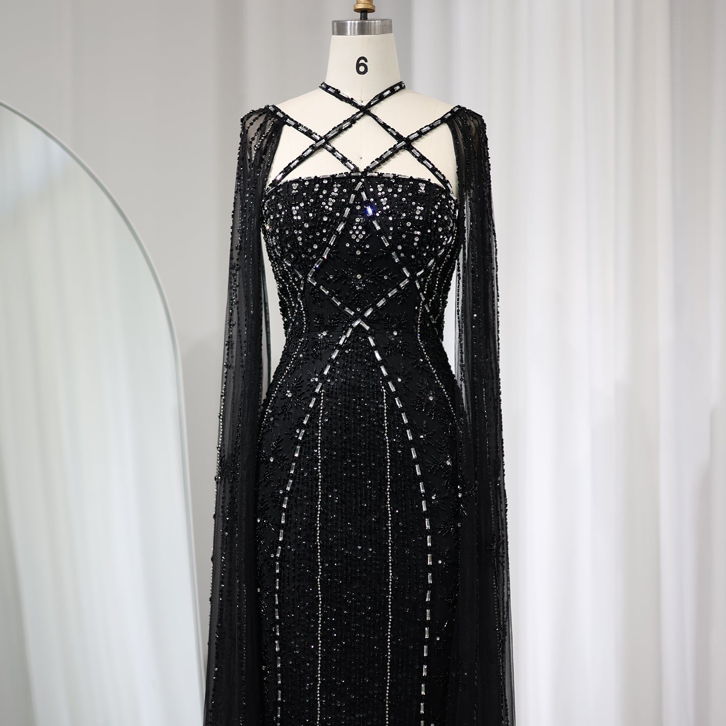 Luxury Champagne Mermaid Evening Dress with Cape Sleeves SS391