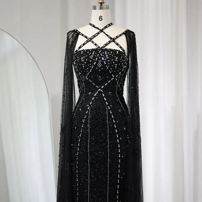 Luxury Aqua Crisscross Evening Dress with Cape Sleeves SS391