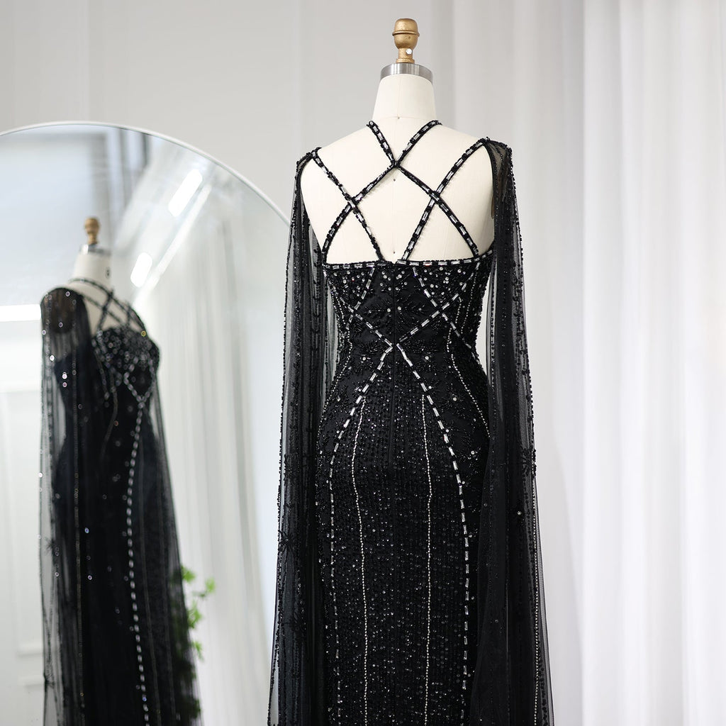 Luxury Champagne Mermaid Evening Dress with Cape Sleeves SS391