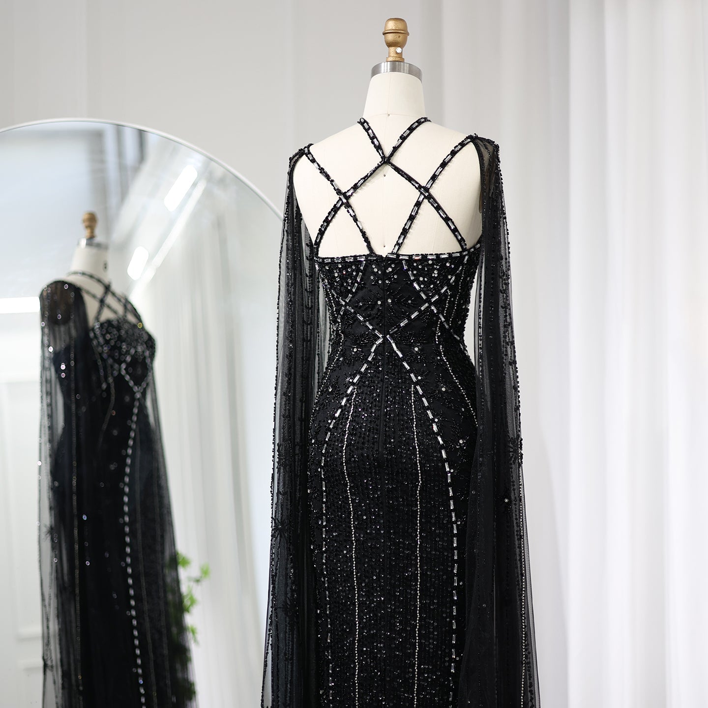 Luxury Champagne Mermaid Evening Dress with Cape Sleeves SS391